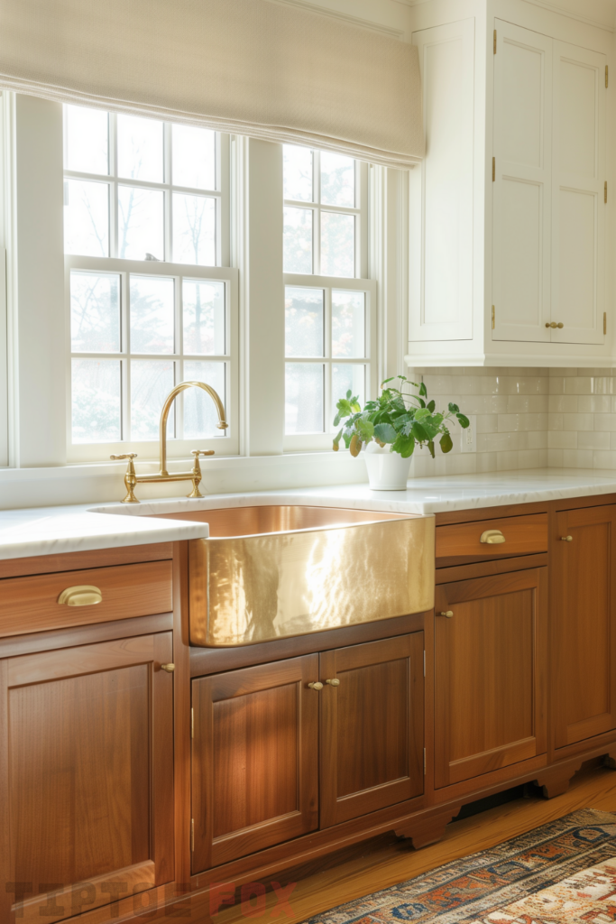 oak brown kitchen wood cabinets gold sink white countertops white backsplash gold faucet under window farmhouse kitchen design