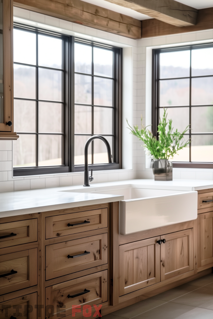 oak brown wood cabinets white farmhouse sink black faucet white kitchen countertops modern kitchen design