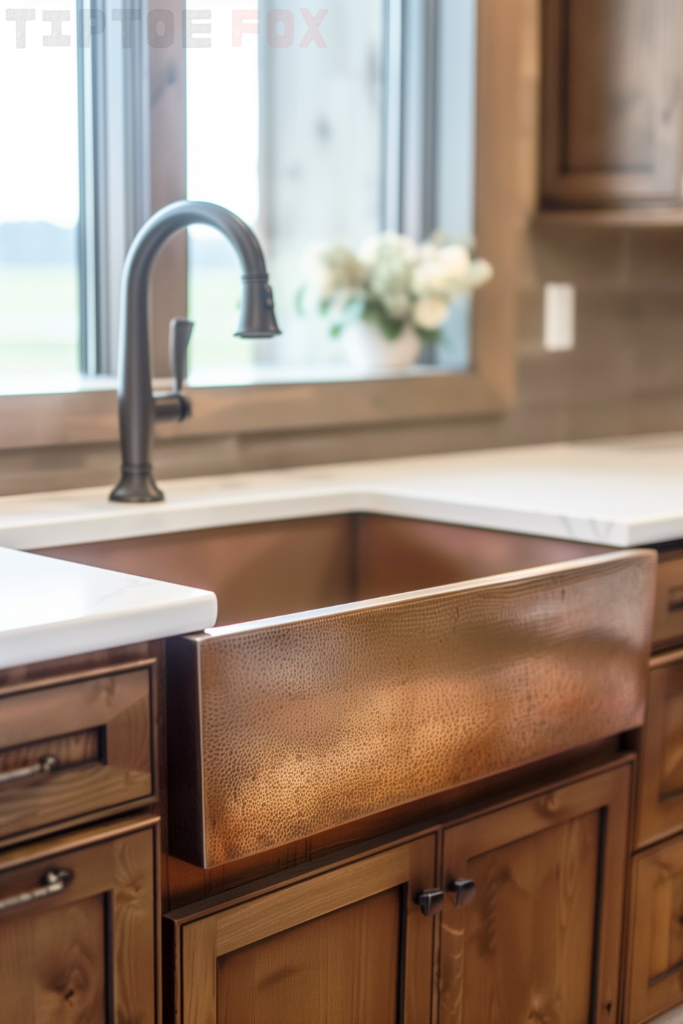 oak wood brown cabinets copper farmhouse sink white countertops pull down faucet single bowl design under windows