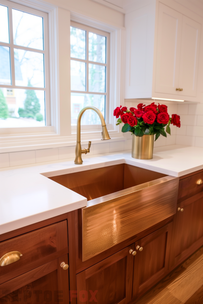 oak wood brown cabinets gold sink white backsplash white countertops gold faucet under window modern kitchen design