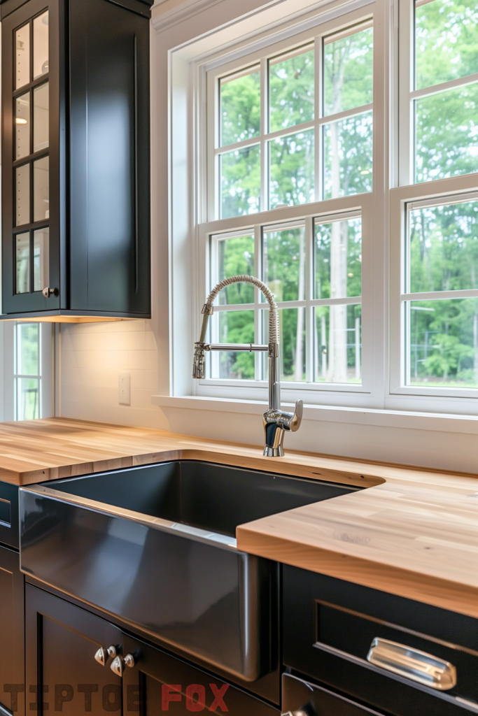 oak worktop butcher block countertop black sink black cabinets chrome faucet under white windows undermount single bowl modern farmhouse design