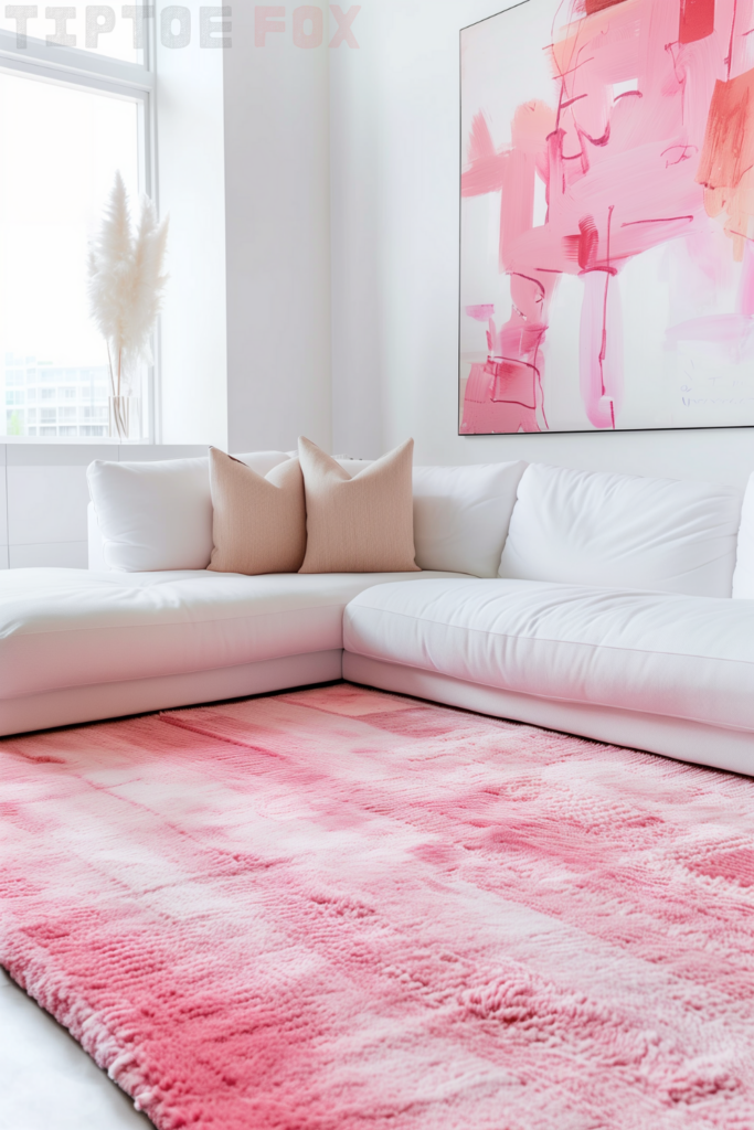 pink area rug white couch pink wall decor living room