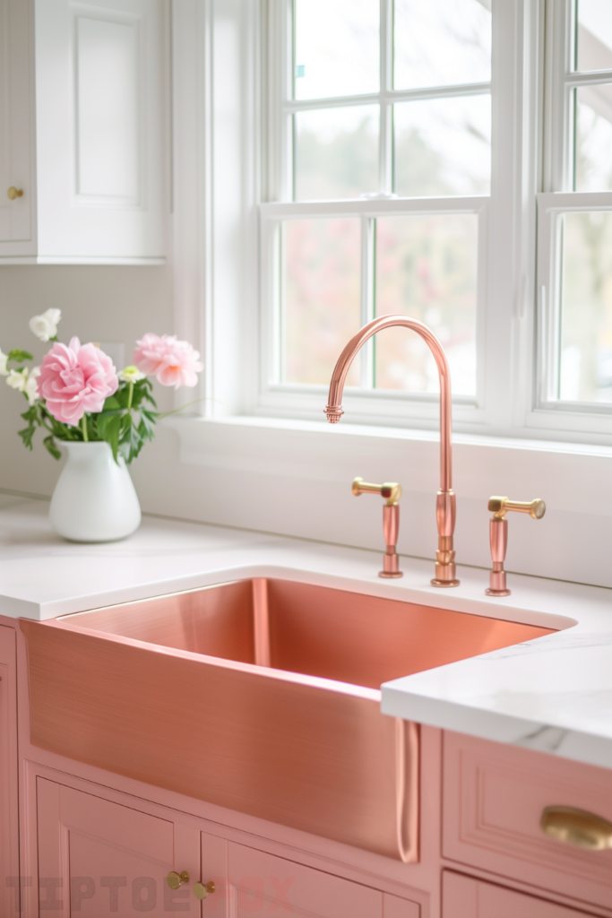 pink cabinets copper farmhouse sink gold faucet two handle white quartz countertops single bowl under white windows kitchen layout