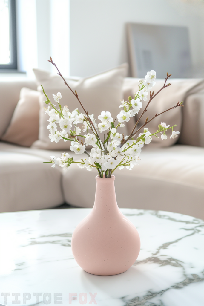 pink ceramic vase white table white flowers decor for living room