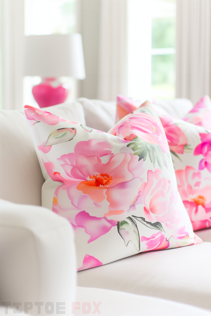 pink flower pillow white sofa pink lamp living room decor idea