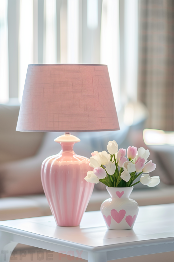 pink lamp pink heart vase white coffee table living room decor idea