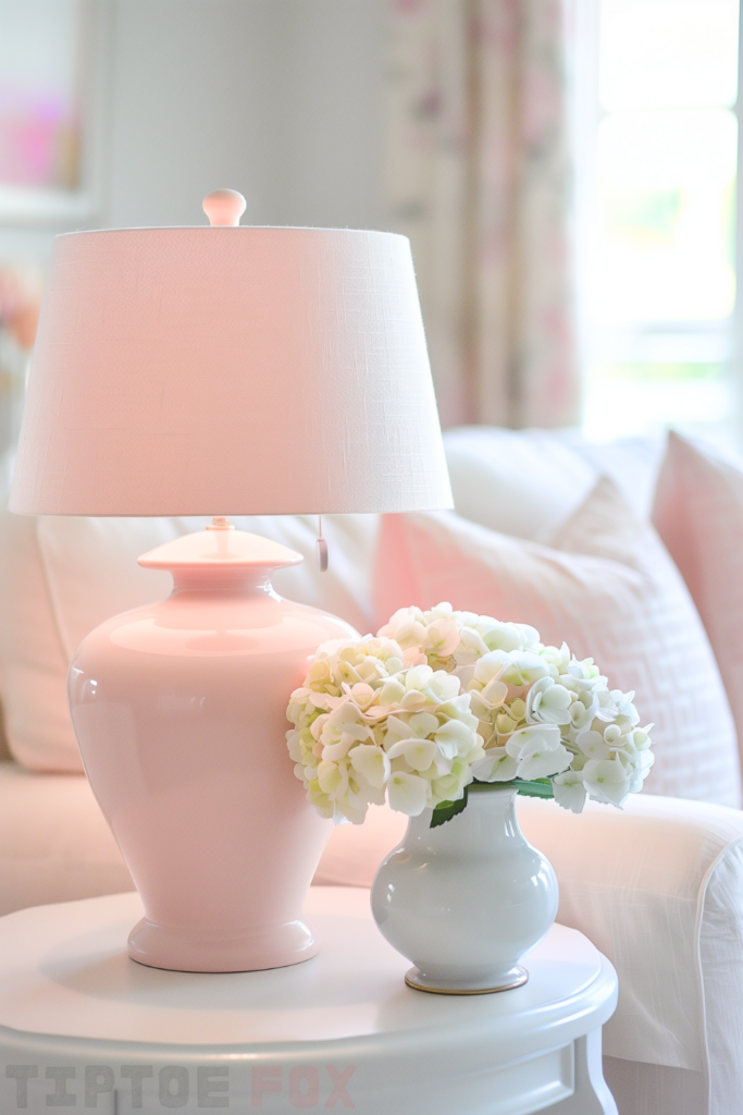 pink lamp white table pink living room decor