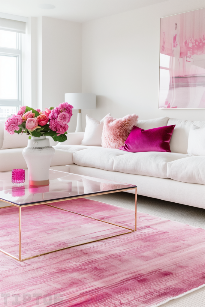 pink living room decor pink area rug pink wall art pink flowers pink throw pillow on white sofa