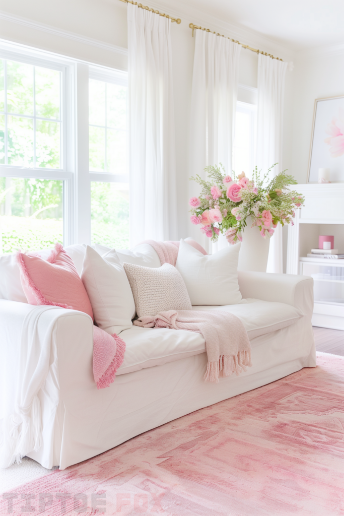 pink living room decor pink area rug white couch pink throw pillows pink flowers