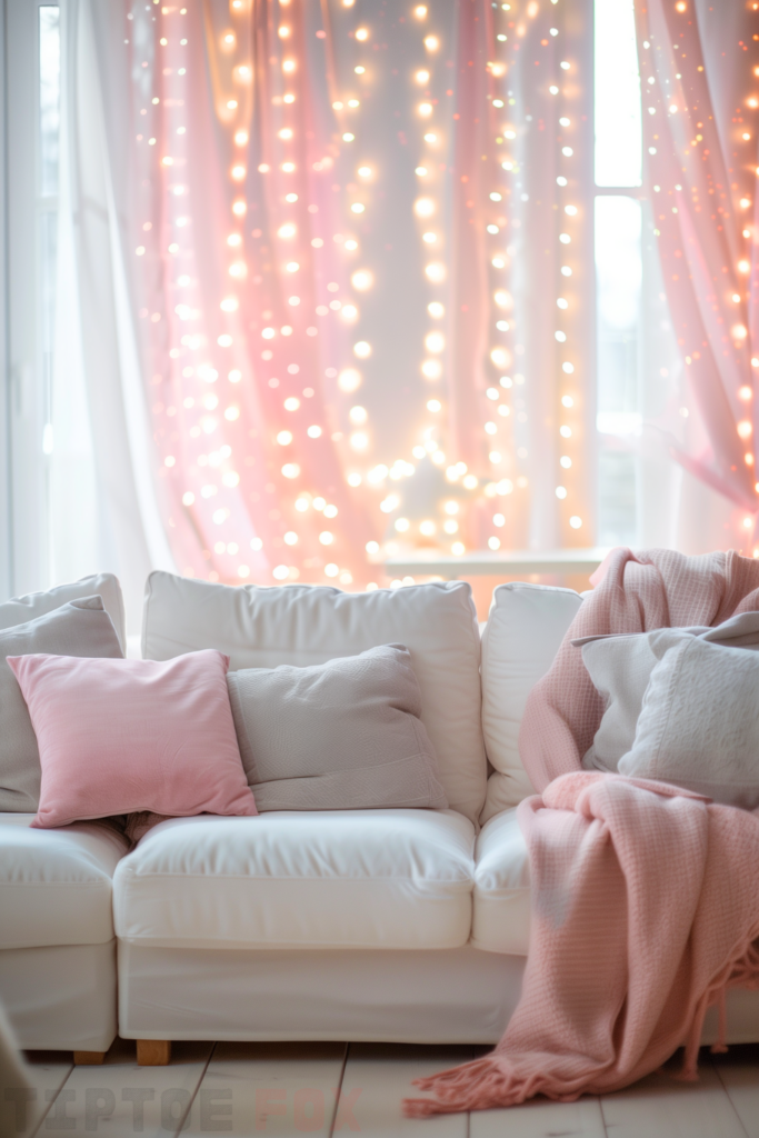 pink living room decor with string lights white sofa dreamy idea