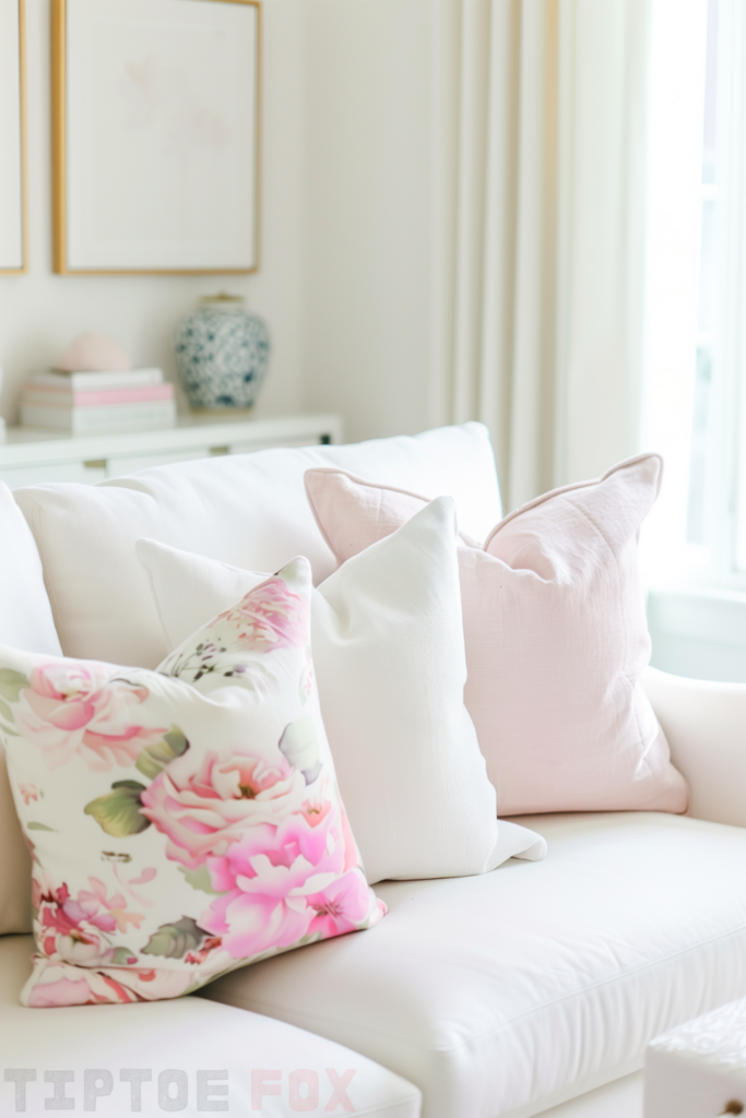 pink throw pillows on white sofa flower decor living room idea