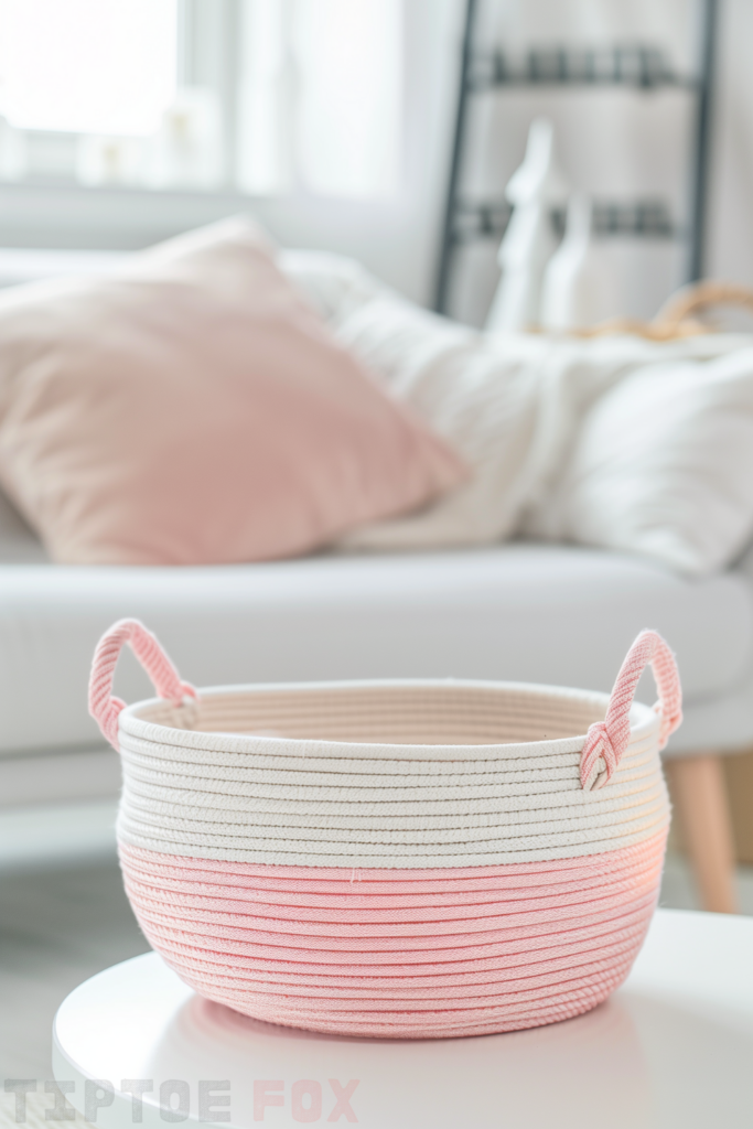 pink woven basket for storage living room decor idea