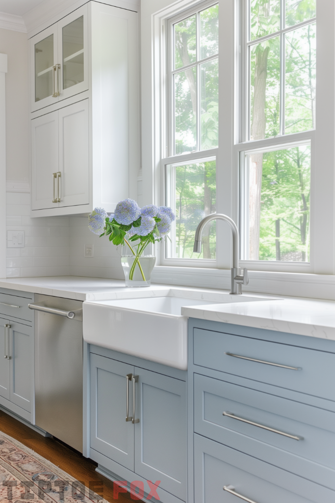 powder light blue cabinets with white farmhouse sink with stainless steel appliances white countertops window view modern kitchen