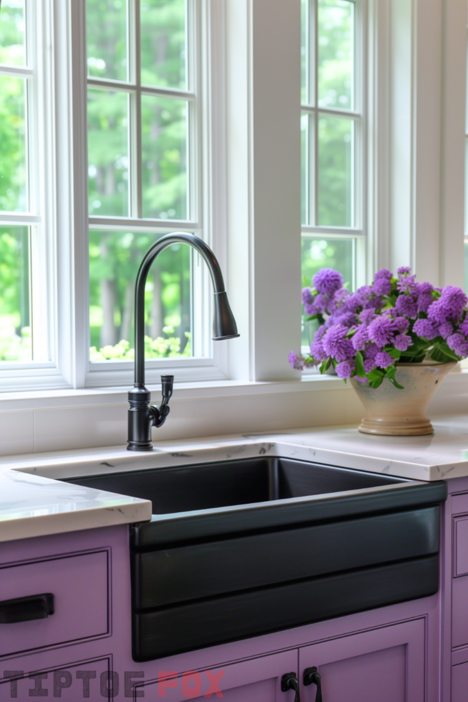 purple cabinets black farmhouse sink white countertops black faucet black hardware under white windows modern kitchen design