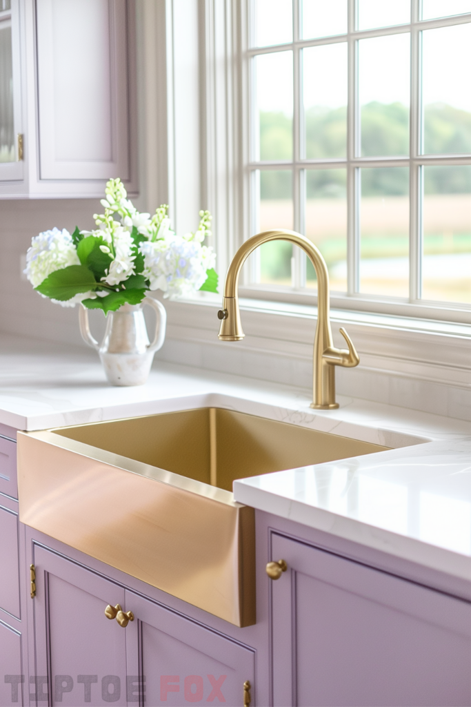 purple cabinets gold sink farmhouse white countertops with gold hardware gold faucet under windows modern