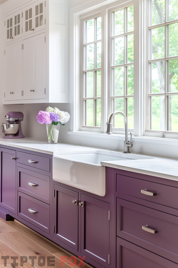 purple cabinets white farmhouse sink white quartz countertops stainless steel faucet wood floor modern kitchen layout