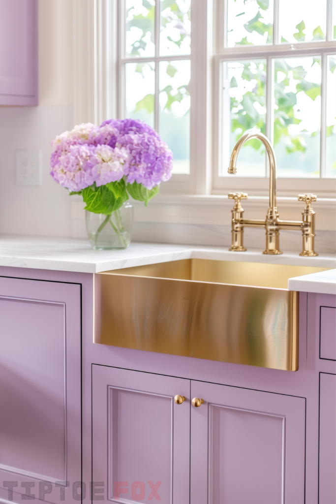 purple kitchen gold sink white countertops gold hardware gold faucet lavender purple cabinets under white windows modern