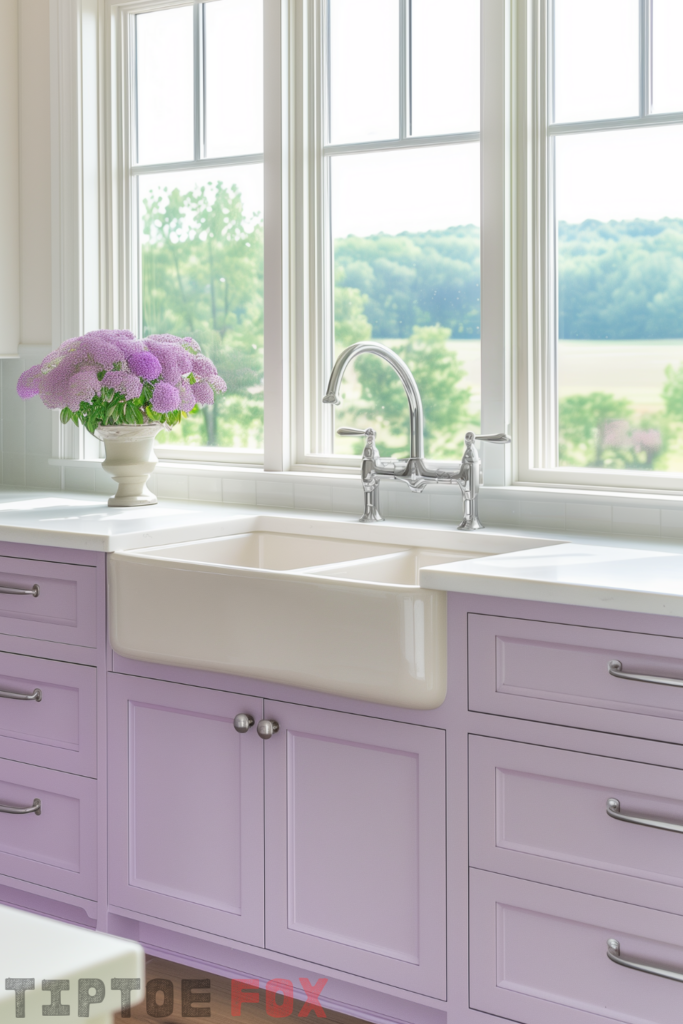 purple lavender cabinets white farmhouse sink double bowl with white countertops white window view modern kitchen layout