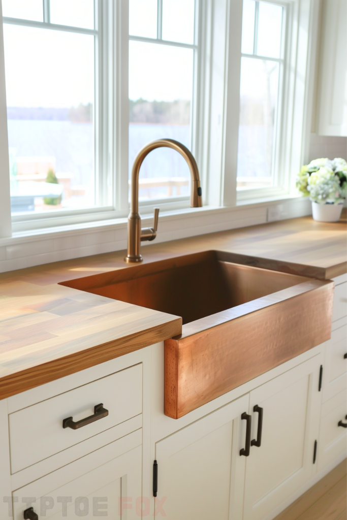 single bowl copper farmhouse sink butcher block countertops wood with white cabinets gold faucet dark hardware white window design modern