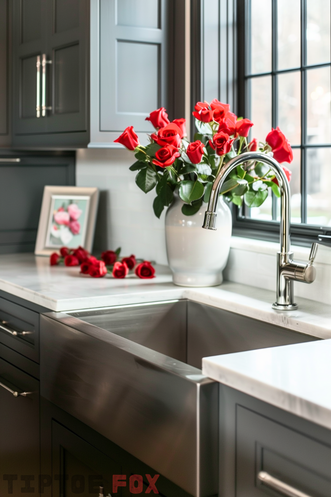 single bowl stainless steel farmhouse dark gray cabinets white countertops modern kitchen