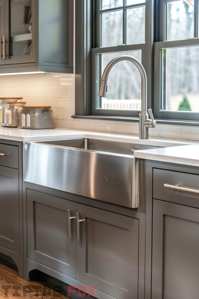 single bowl stainless steel farmhouse gray cabinets white countertops modern kitchen