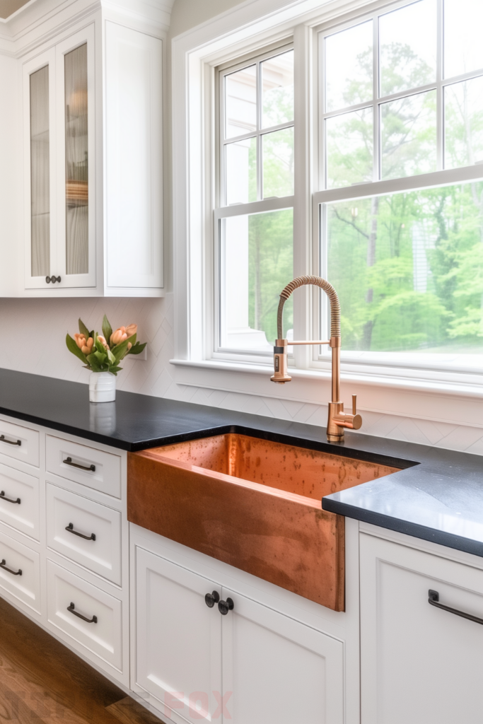 spring spout gold faucet copper farmhouse sink black countertops white cabinets single bowl design under windows