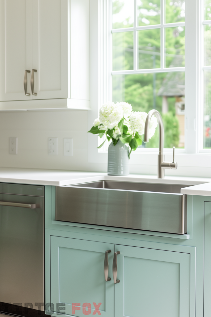 stainless steel farmhouse kitchen sink aqua cabinets white countertops windows modern