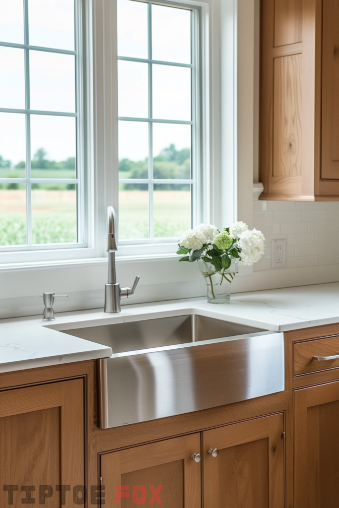 stainless steel farmhouse kitchen sink brown cabinets white countertops windows modern