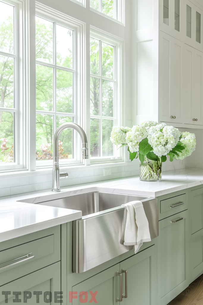 stainless steel farmhouse kitchen sink green cabinets white countertops windows modern