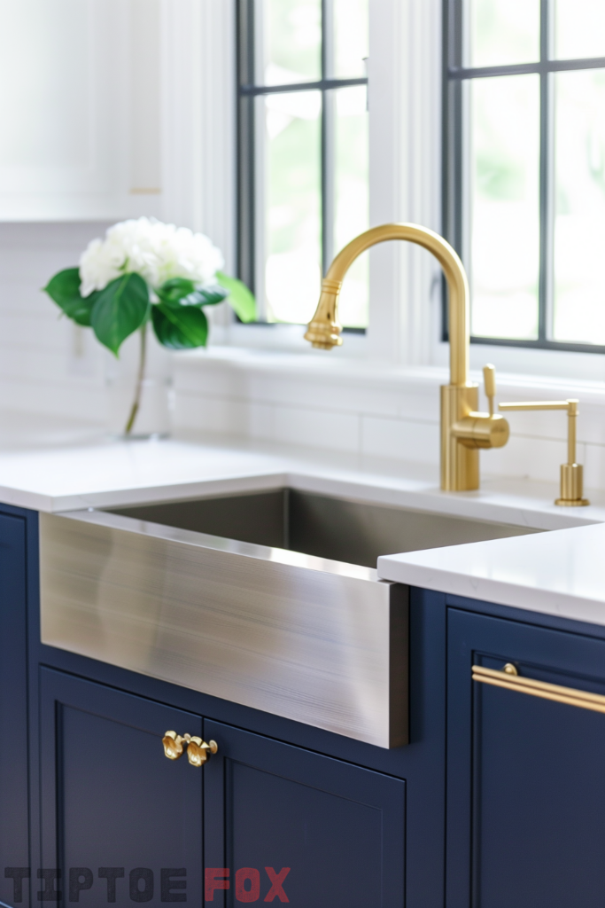 stainless steel farmhouse kitchen sink navy blue kitchen cabinets gold faucet gold hardware white countertops modern kitchen pull down faucet side soap dispenser