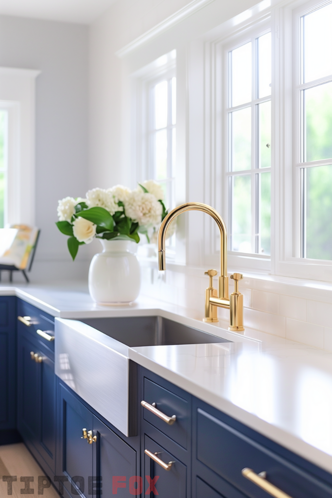 stainless steel farmhouse kitchen sink navy blue kitchen cabinets gold faucet gold hardware white countertops modern kitchen pull down faucet two handle open design