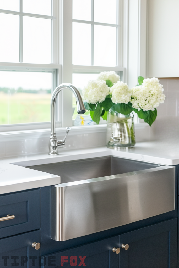 stainless steel farmhouse kitchen sink navy cabinets white countertops modern