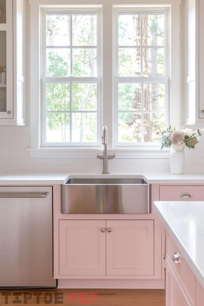 stainless steel farmhouse kitchen sink pink cabinets white countertops modern