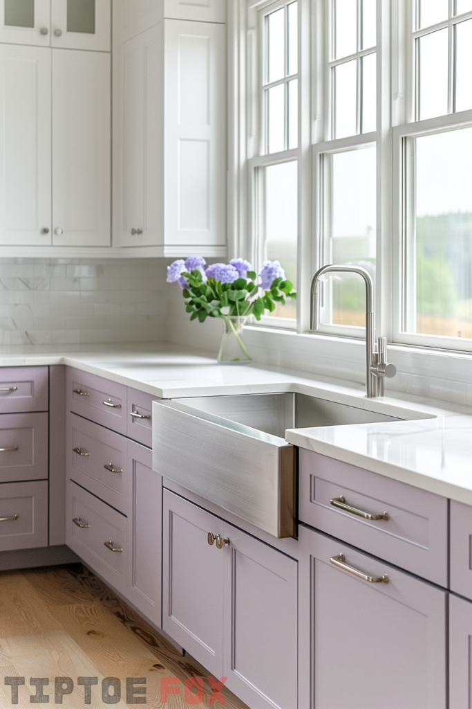 stainless steel farmhouse kitchen sink purple cabinets white countertops windows modern