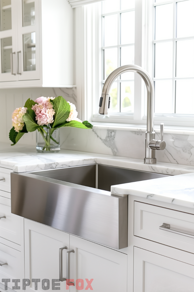 stainless steel farmhouse kitchen sink white cabinets white countertops modern