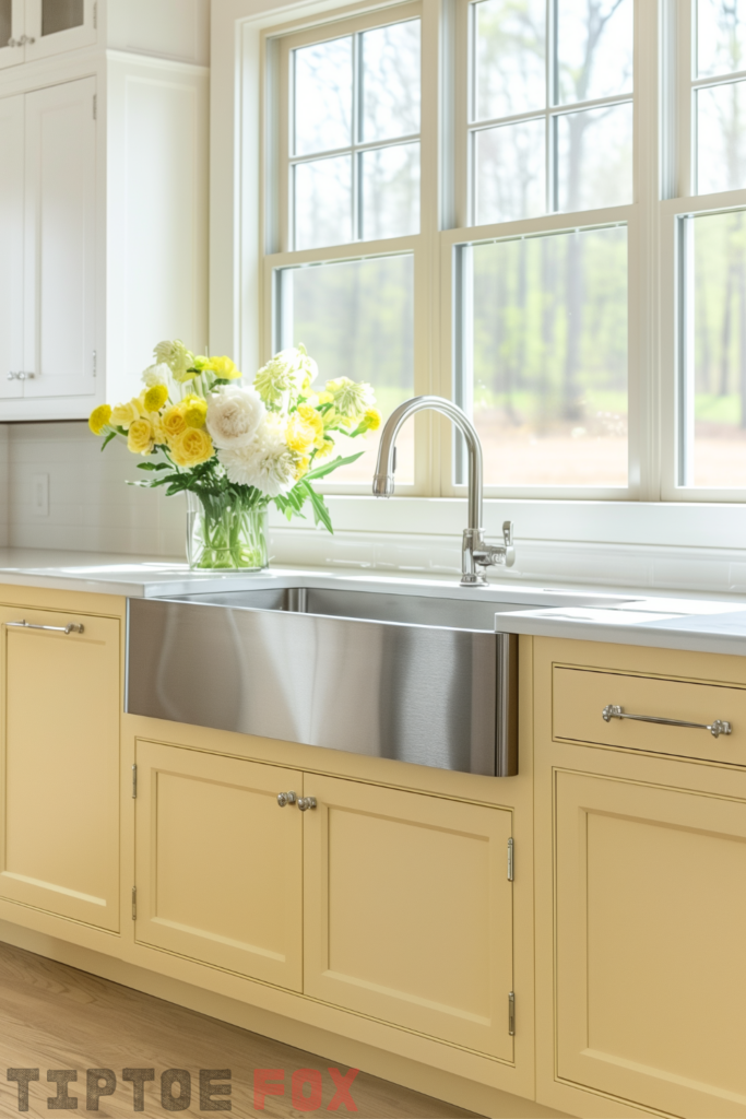 stainless steel farmhouse kitchen sink yellow cabinets white countertops modern