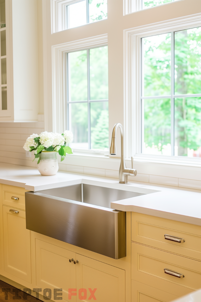 stainless steel farmhouse kitchen sink yellow cabinets white countertops windows modern