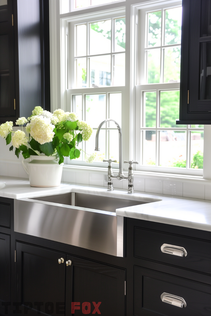 stainless steel farmhouse sink black kitchen cabinets white countertops modern design