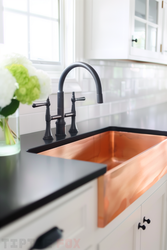 three hole black faucet copper farmhouse sink black countertops white cabinets white backsplash single bowl design under windows modern