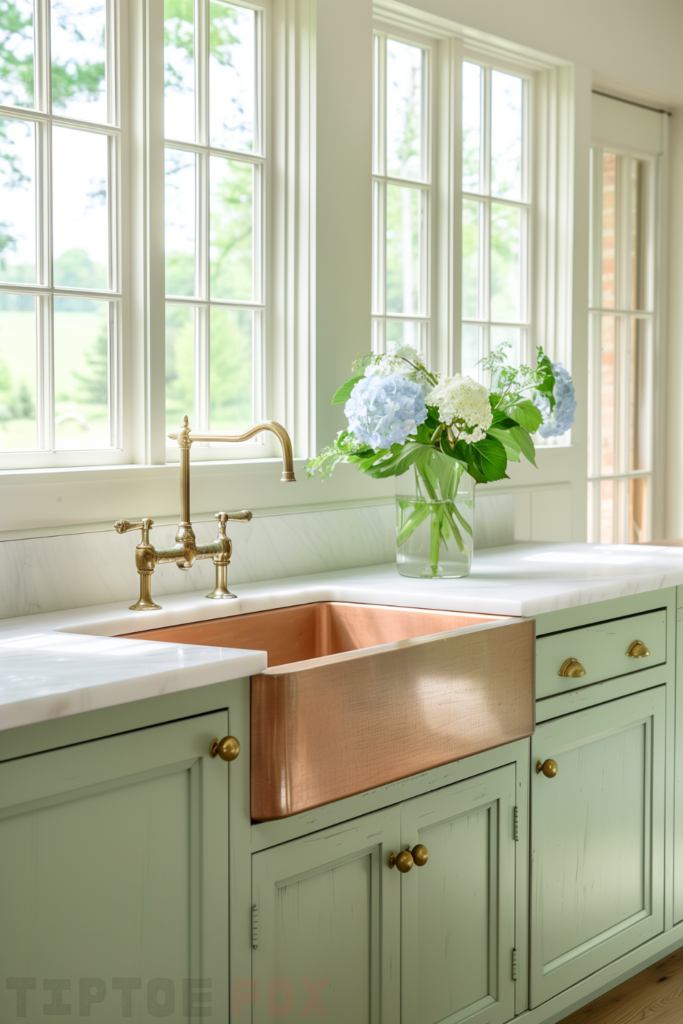 vintage brass faucet copper farmhouse sink green cabinets sage with white quartz countertops farmhouse design under white windows open