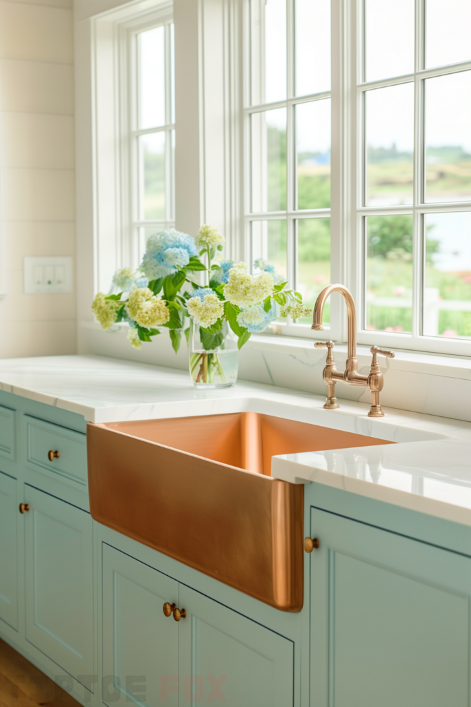 vintage gold faucet copper farmhouse sink aqua cabinets blue with white quartz countertops shiplap walls farmhouse design under white windows copper hardware