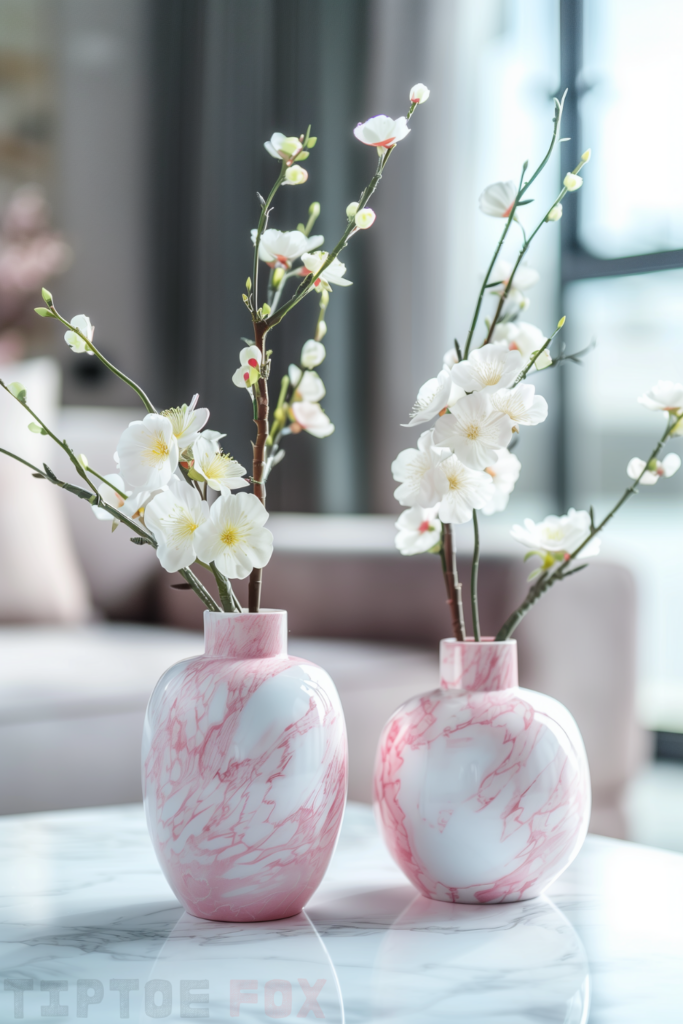 white and pink marble vase white flowers decor for living room