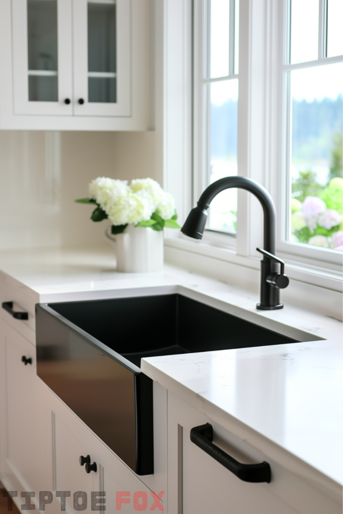 white cabinets black farmhouse sink white countertops black faucet black hardware under white windows modern kitchen design