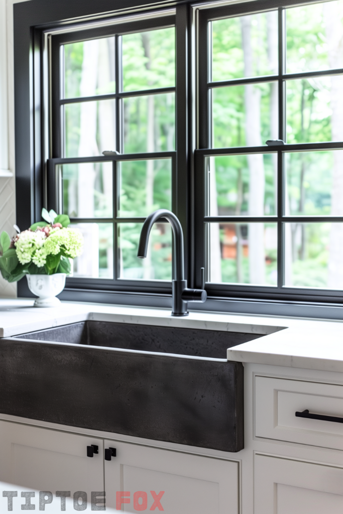 white cabinets black sink farmhouse black faucet black hardware white countertops under window kitchen design