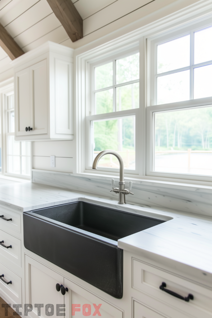 white cabinets black sink stainless steel faucet black hardware white quartz countertops under window kitchen design