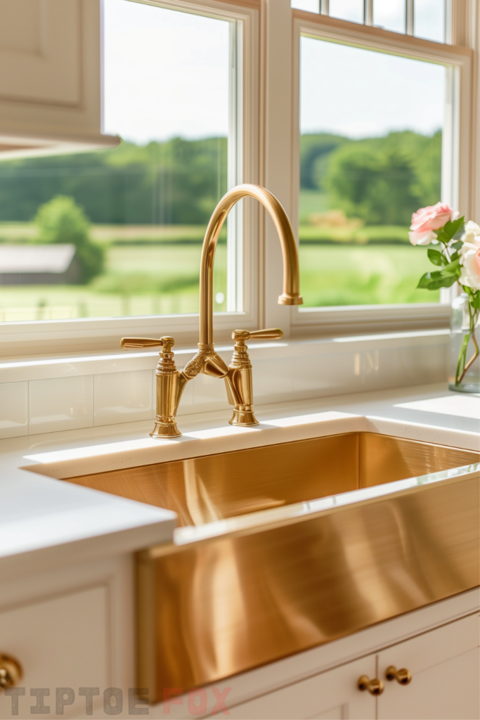 white countertops gold sink farmhouse neutral kitchen gold faucet gold hardware white cabinets white backsplash kitchen layout