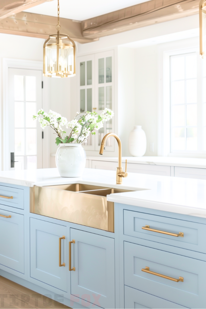 white countertops gold sink gold faucet gold hardware gold light fixtures blue island cabinets exposed wood beams white kitchen design