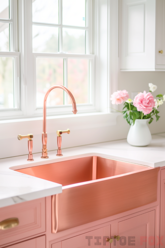 white countertops gold sink gold faucet pink cabinets white window white kitchen design