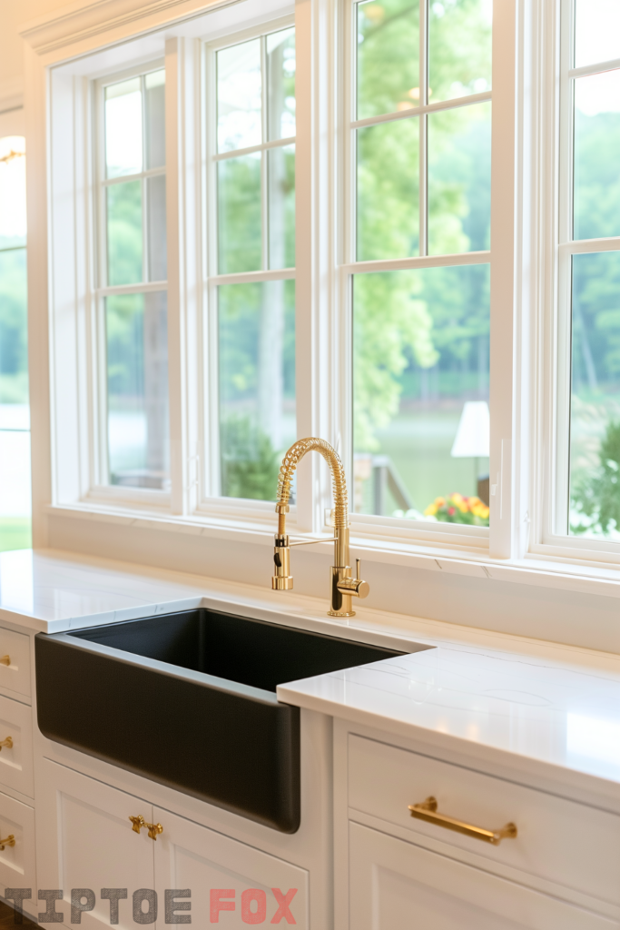 white kitchen black sink gold faucet gold hardware single bowl undermount white countertops white cabinets under white windows modern kitchen design