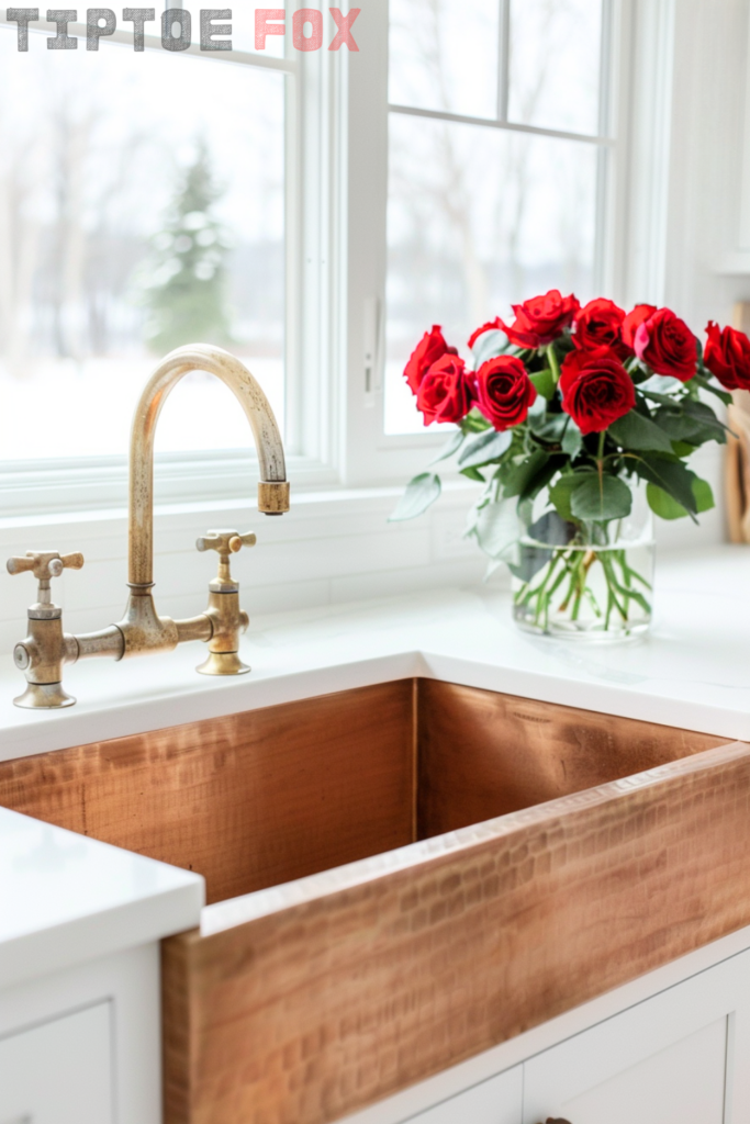 white kitchen copper farmhouse kitchen sink with white cabinets copper kitchen faucet with roses in vase white kitchen